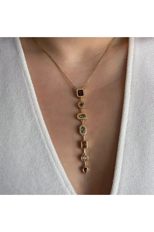 Kadın Gold Renk Renkli Taşlı Çelik Y Kolye BE77