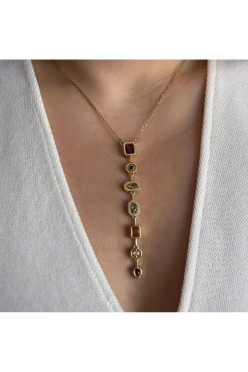 Kadın Gümüş Renk Renkli Taşlı Çelik Y Kolye BE77