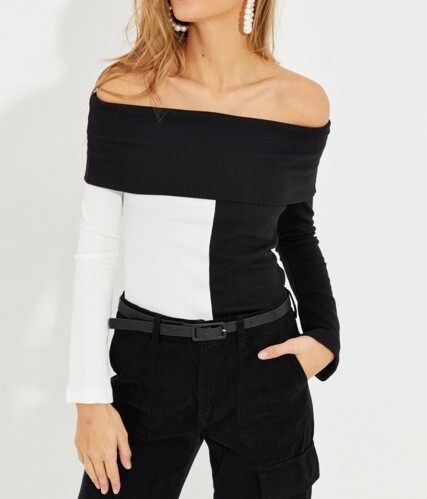 Kadın Siyah-Beyaz Madonna Yaka Bloklu Kaşkorse Bluz BE190