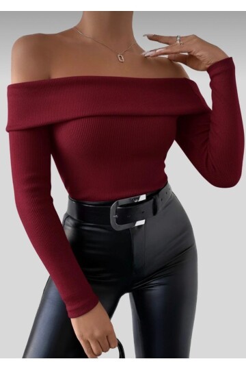 Kadın Bordo Madonna Yaka Kaşkorse Bluz BE165