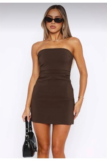 Kadın Kahverengi Straplez Mini Elbise BE168