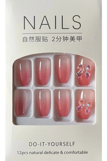 Kadın Simli Frenchli 3 Boyut Fiyonklu Badem Boy 12li Takma Tırnak BE86