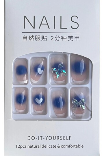 Kadın Simli Frenchli 3 Boyut Fiyonklu Badem Boy 12li Takma Tırnak BE86