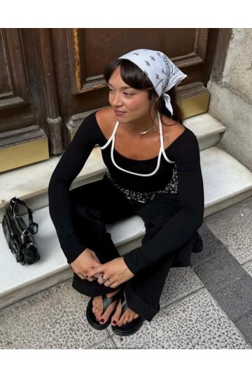 Kadın Siyah Halter Yaka İkili Bluz BE163