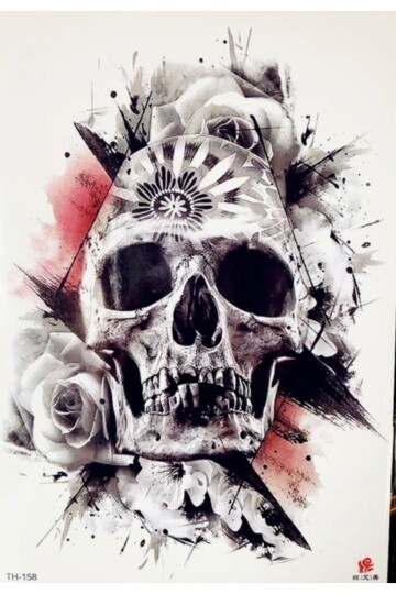 Unisex Kuru Kafa ve Kırmızı Gül Desen Geçici Dövme EB702